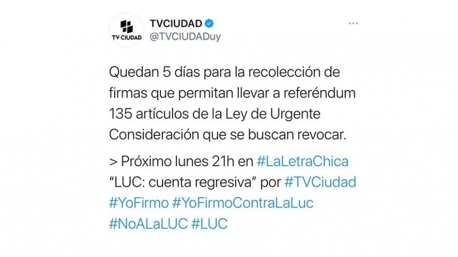 El tuit de TV Ciudad sobre el referéndum contra la LUC - Audios - Facil Desviarse | DelSol 99.5 FM